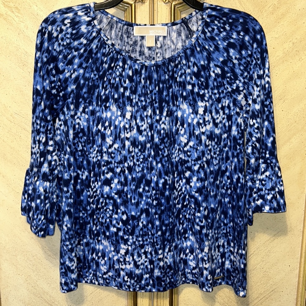Michael Kors Blue & White Top 3/4 Flare Sleeve Shirt Blouse New NWOT